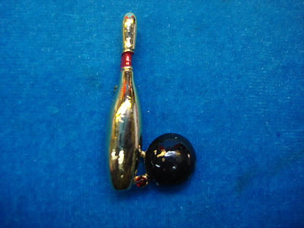 Vintage Bowling Ball & Pin Set with Red Stone Accent - Gold & Enamel Decor