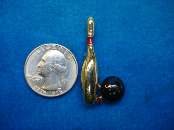 Vintage Bowling Ball & Pin Set with Red Stone Accent - Gold & Enamel Decor