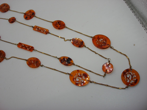 Vintage Filigree Amber Lucite Necklace - 2 Strand Estate Find (16