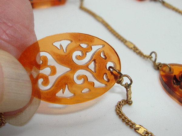 Vintage Filigree Amber Lucite Necklace - 2 Strand Estate Find (16