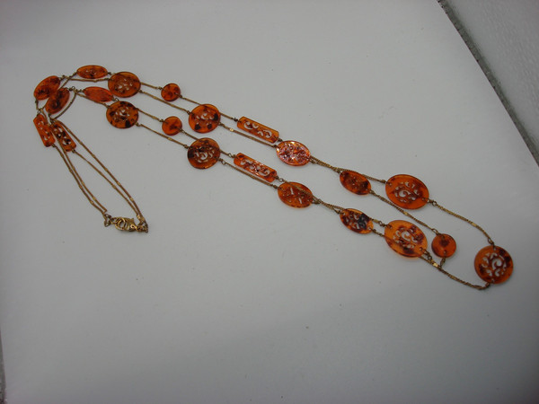 Vintage Filigree Amber Lucite Necklace - 2 Strand Estate Find (16