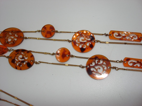 Vintage Filigree Amber Lucite Necklace - 2 Strand Estate Find (16
