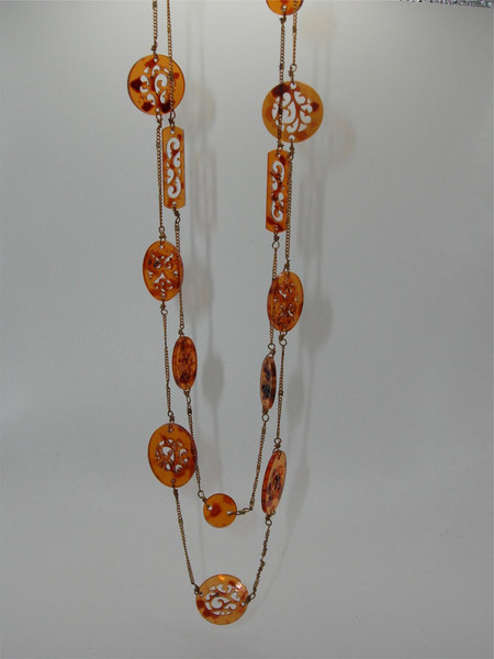 Vintage Filigree Amber Lucite Necklace - 2 Strand Estate Find (16