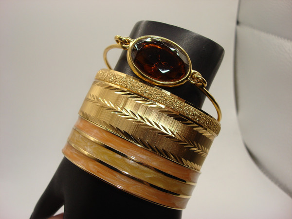 Vintage Monet Bracelet Set (4pc) | Gold Tone, Enamel & Amber | Estate Find - 7.5 Inch