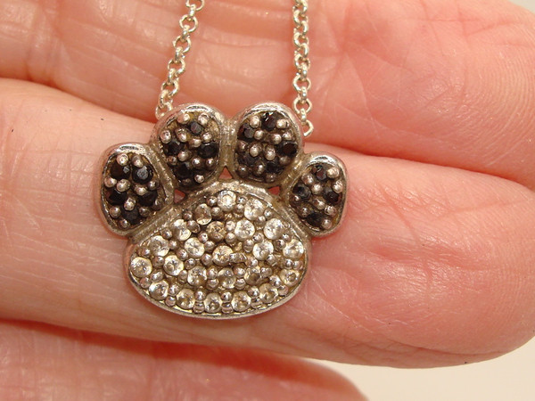Sterling Silver Paw Pendant Necklace with Black & White CZ - 925 FAS