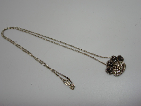 Sterling Silver Paw Pendant Necklace with Black & White CZ - 925 FAS