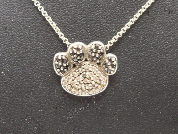 Sterling Silver Paw Pendant Necklace with Black & White CZ - 925 FAS
