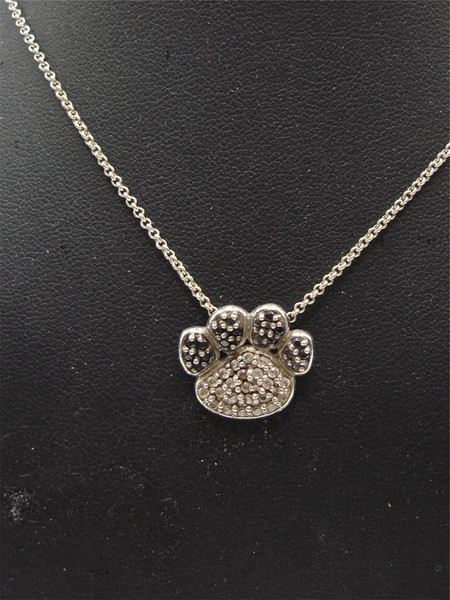 Sterling Silver Paw Pendant Necklace with Black & White CZ - 925 FAS
