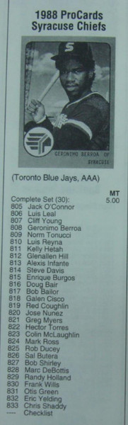 1988 Syracuse Chiefs ProCards MiLB Team Set w/ Glenallen Hill - Toronto Blue Jays Affiliate