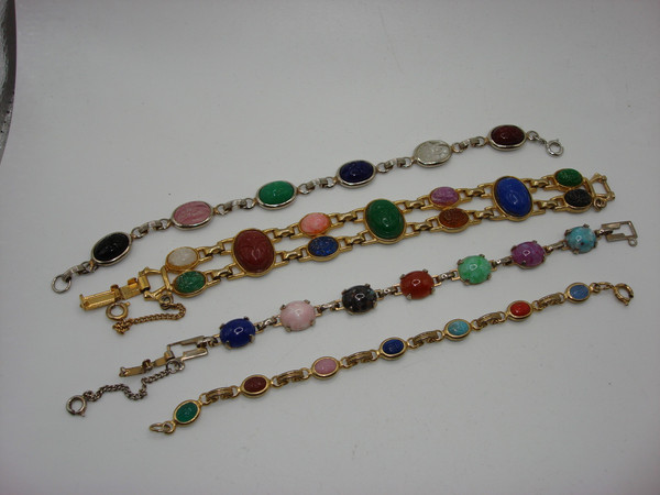 Vintage Multicolor Glass Scarab Bracelet Set of 4 | Silver & Gold Tone