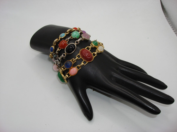 Vintage Multicolor Glass Scarab Bracelet Set of 4 | Silver & Gold Tone