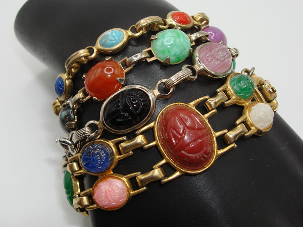 Vintage Multicolor Glass Scarab Bracelet Set of 4 | Silver & Gold Tone