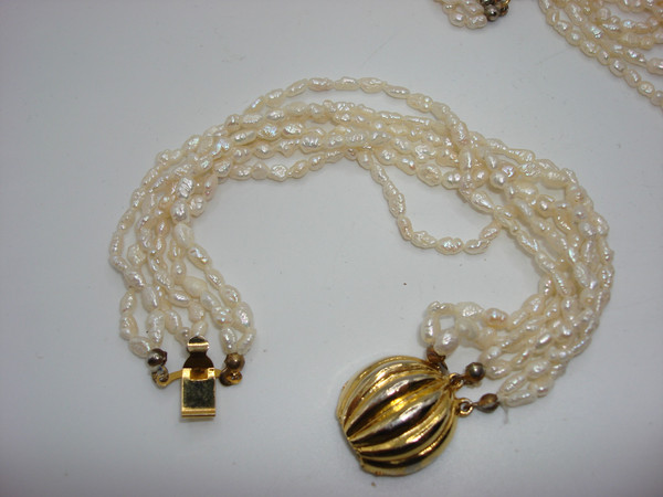 Vintage 6-Strand Cream White Freshwater Pearl Necklace & Bracelet Set (16