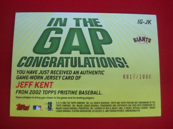 2002 Topps Pristine Jeff Kent Jersey Card #IG-JK (0017/1000) - San Francisco Giants