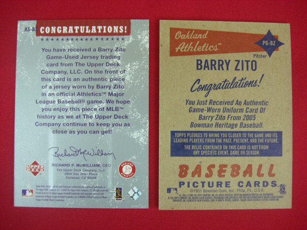 Barry Zito Autographed Jersey Relic Baseball Card Lot - Bowman Heritage & Upper Deck Authentic