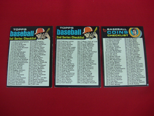 Vintage 1971 Topps Baseball Checklists (Series 1, 2 & Coins) - Nice Condition