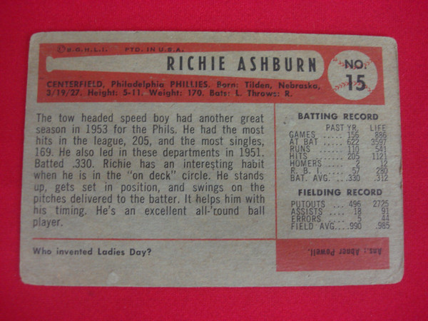 1954 Bowman Richie Ashburn #15 Philadelphia Phillies Baseball Card - PSA Graded (Condition Details)
