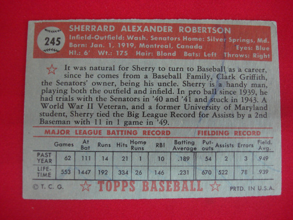 1952 Topps Sherry Robertson #245 Washington Senators Baseball Card - Vintage Gem!