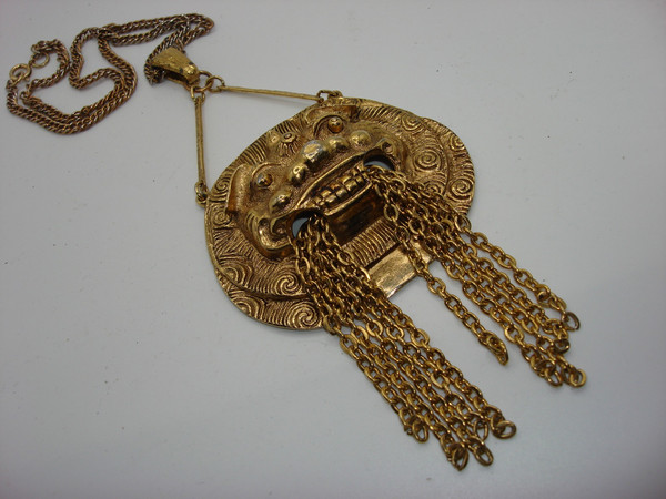 Vintage Chinese Dragon Pendant Necklace - Gold Tone, 7 Inch, Statement Piece