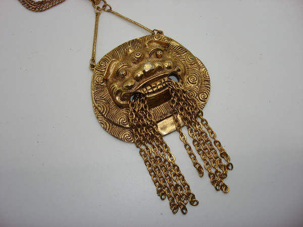 Vintage Chinese Dragon Pendant Necklace - Gold Tone, 7 Inch, Statement Piece