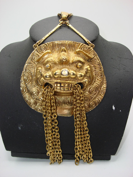 Vintage Chinese Dragon Pendant Necklace - Gold Tone, 7 Inch, Statement Piece