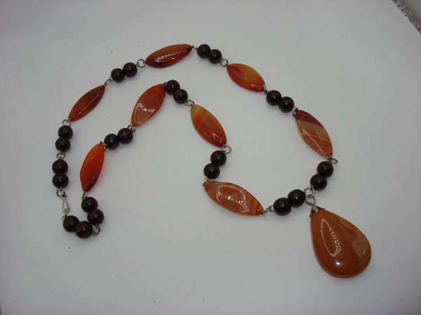 Vintage Quartz & Wood Bead Necklace | Marquise Cut Stones | Statement Piece
