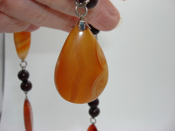 Vintage Quartz & Wood Bead Necklace | Marquise Cut Stones | Statement Piece