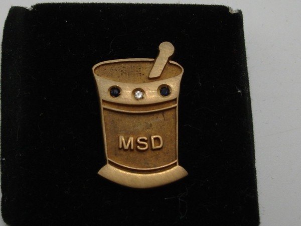 Vintage Merck, Sharp & Dohme (MSD) Mortar & Pestle Tie Tac - Blue Topaz Award