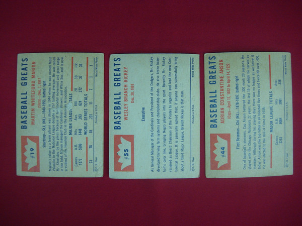 1960 Fleer Baseball Greats Card Lot: Marty Marion, Branch Rickey & Cap Anson