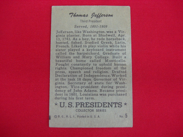 1952 Bowman U.S. Presidents Thomas Jefferson #5 Trading Card - Vintage Collectible