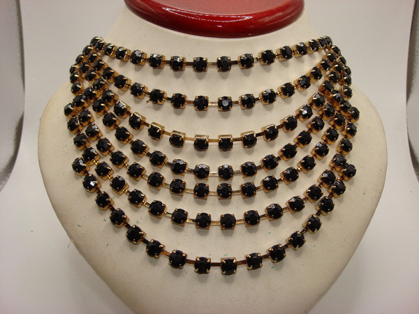 Glamorous Vintage 7-Strand Black Rhinestone Bib Necklace (1980s Estate Find)