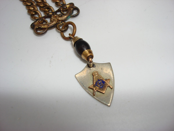 Antique Victorian Masonic Trowel Fob - Silver & Blue Enamel, Watch Chain Included