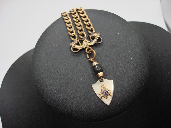 Antique Victorian Masonic Trowel Fob - Silver & Blue Enamel, Watch Chain Included