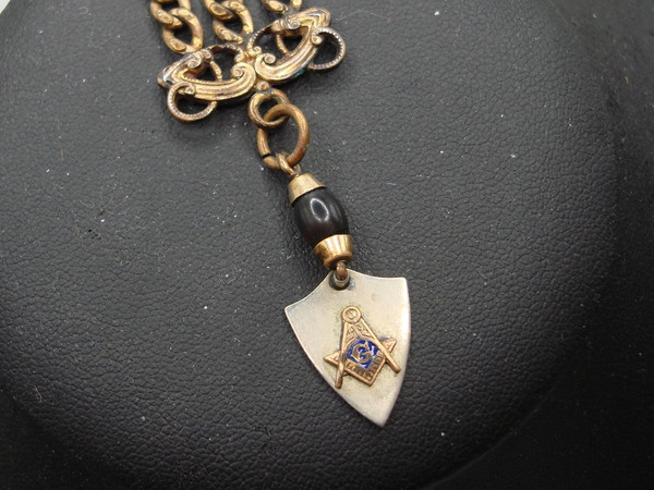 Antique Victorian Masonic Trowel Fob - Silver & Blue Enamel, Watch Chain Included