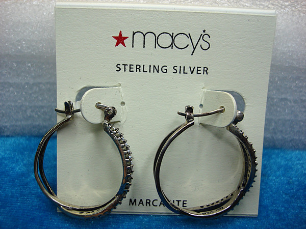 Macy's Sterling Silver Marcasite & Rhinestone Hoop Earrings - New With Card