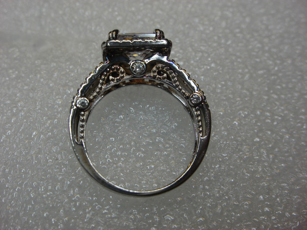 Sterling Silver Ring with Sparkling Simulated Diamonds - Fancy Square Setting, Size 7 1/4