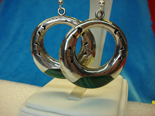 Vintage Sterling Silver & Malachite Earrings - Mexico, Signed, Unique Fish Hook Design