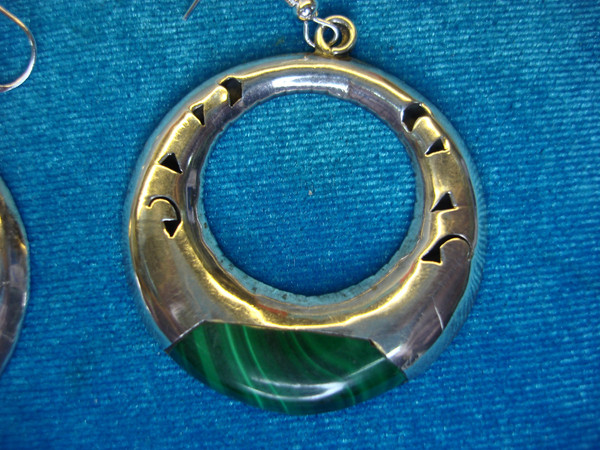 Vintage Sterling Silver & Malachite Earrings - Mexico, Signed, Unique Fish Hook Design