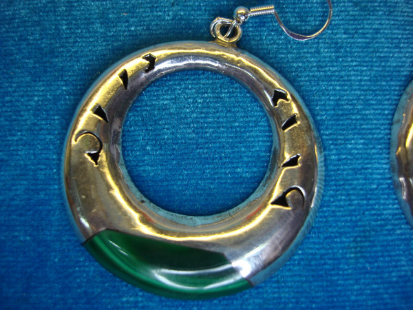 Vintage Sterling Silver & Malachite Earrings - Mexico, Signed, Unique Fish Hook Design