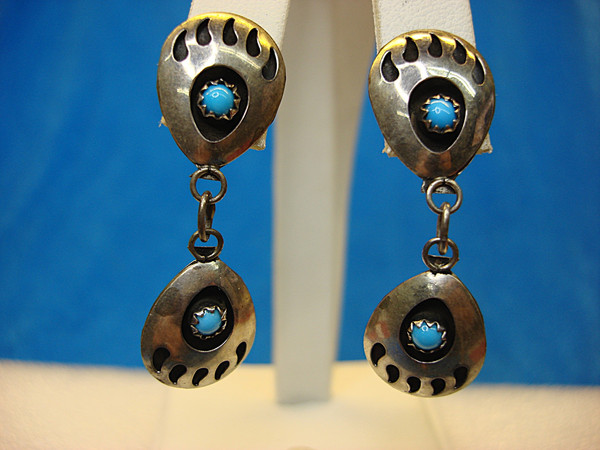 Vintage Navajo Sterling Silver Turquoise Double Bear Claw Earrings - Southwestern Charm (1.5