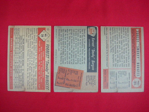 Vintage Forrest 'Smoky' Burgess Bowman Baseball Cards (1953-1955) - Phillies 3 Card Lot