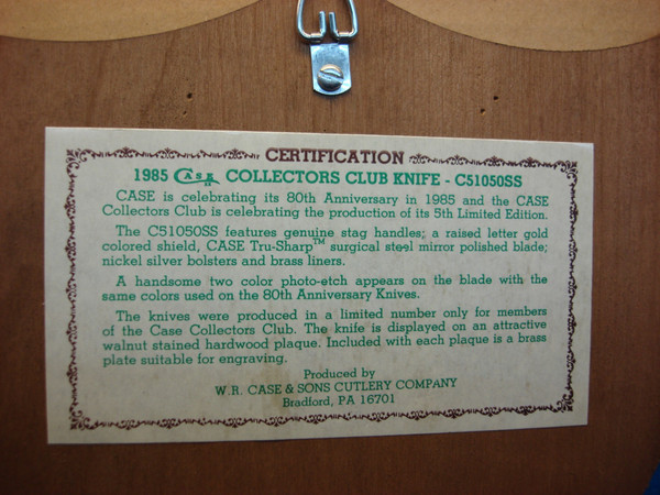 1985 Case Collectors Club C51050 SS Pocket Knife - Mint Condition with Display & Original Packaging