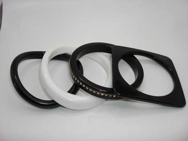 Vintage Lucite Bangle Bracelet Set - Black & White Rhinestone Accents