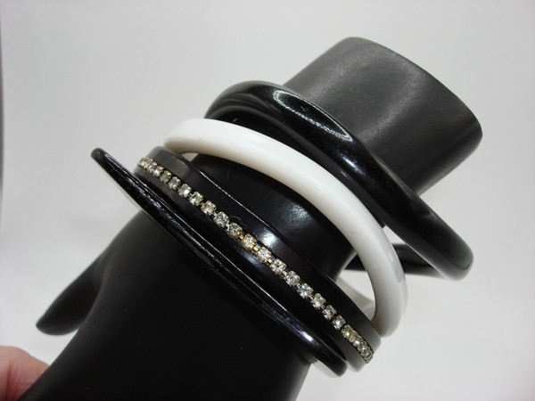 Vintage Lucite Bangle Bracelet Set - Black & White Rhinestone Accents