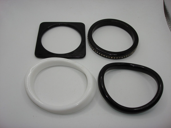 Vintage Lucite Bangle Bracelet Set - Black & White Rhinestone Accents