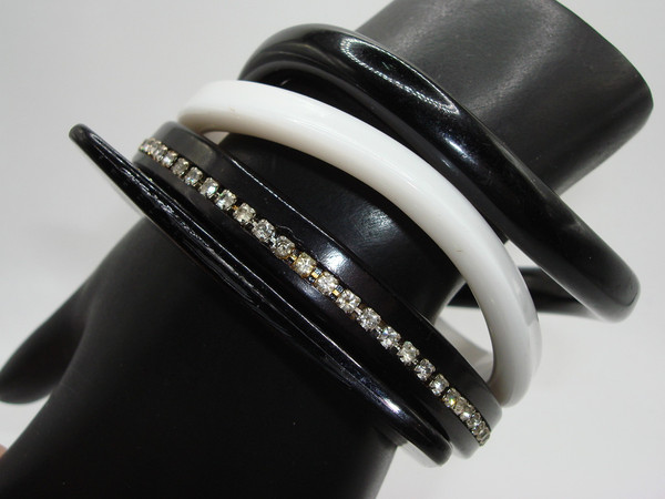 Vintage Lucite Bangle Bracelet Set - Black & White Rhinestone Accents