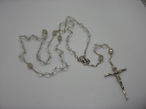 Vintage AFCO Sterling Silver & Rock Crystal Rosary - Italian Made, Blessed Mary Medal
