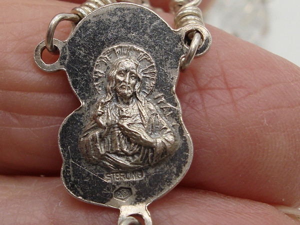 Vintage AFCO Sterling Silver & Rock Crystal Rosary - Italian Made, Blessed Mary Medal