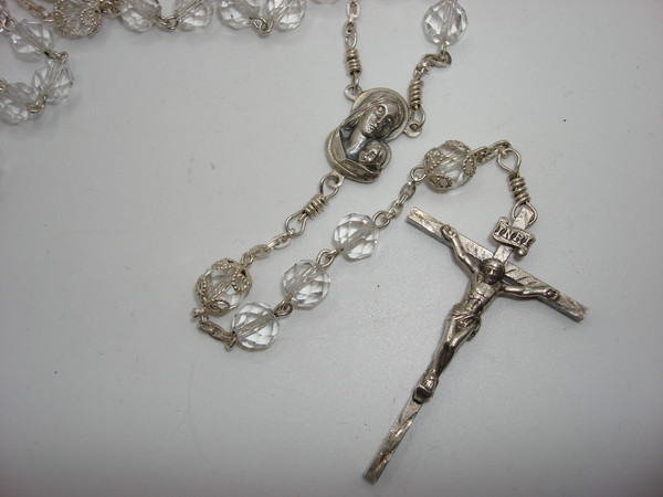 Vintage AFCO Sterling Silver & Rock Crystal Rosary - Italian Made, Blessed Mary Medal