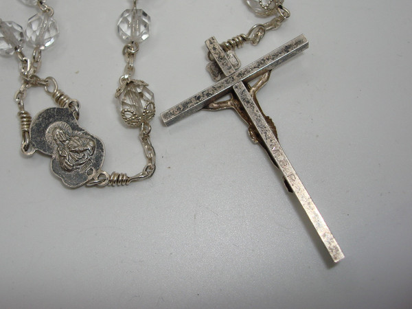 Vintage AFCO Sterling Silver & Rock Crystal Rosary - Italian Made, Blessed Mary Medal